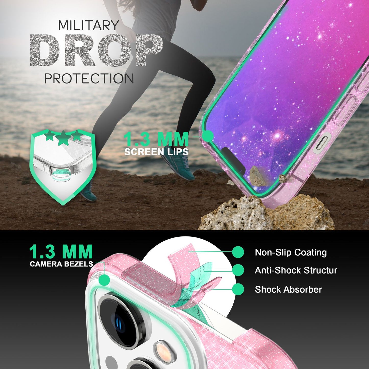 NALIA Glitzerhülle für iPhone 14 Plus – Funkelnder Glitzer-Look & Grip – SHINEPOP (Silikon Case) – Marke aus Berlin