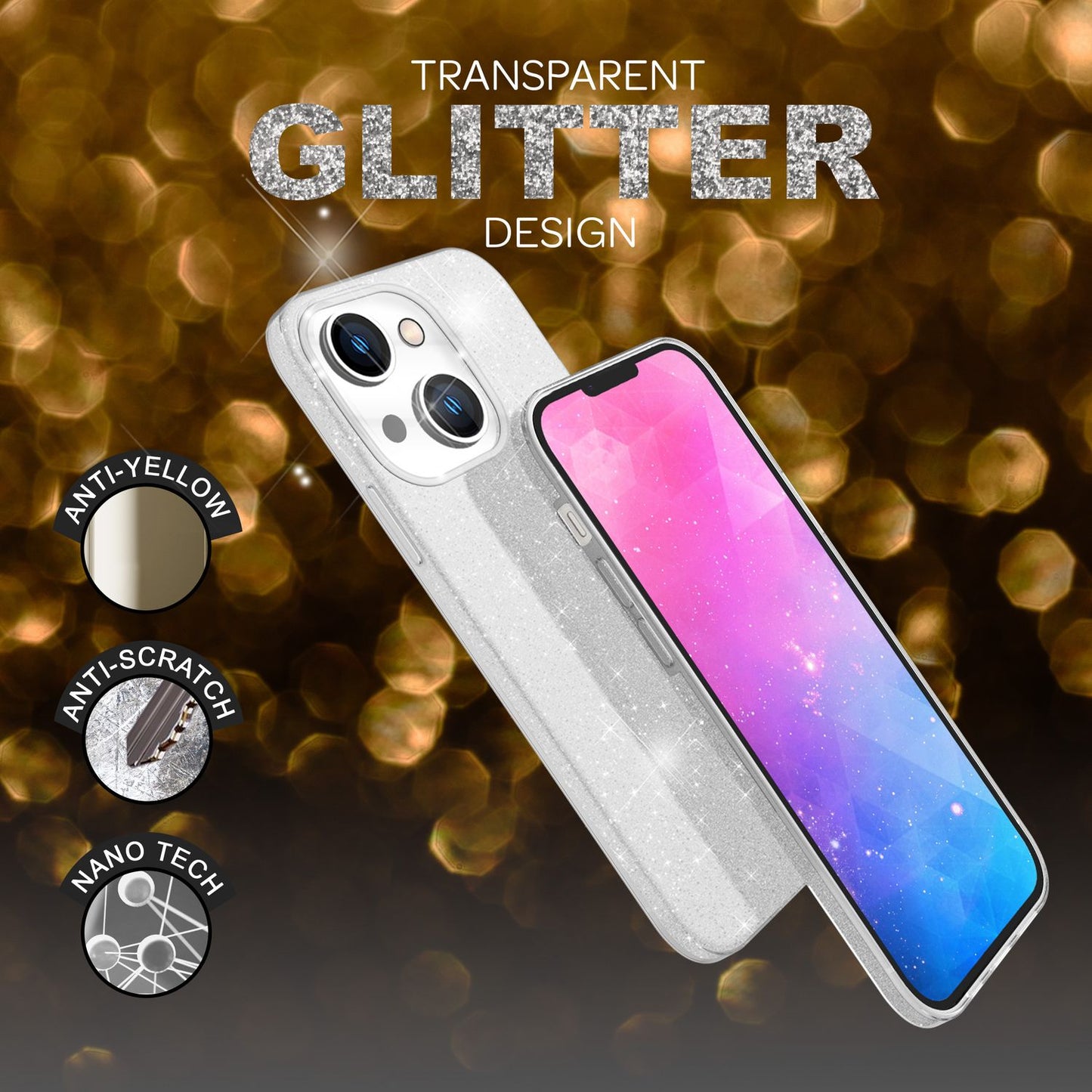 NALIA Glitzerhülle für iPhone 14 Plus – Funkelnder Glitzer-Look & Grip – SHINEPOP (Silikon Case) – Marke aus Berlin