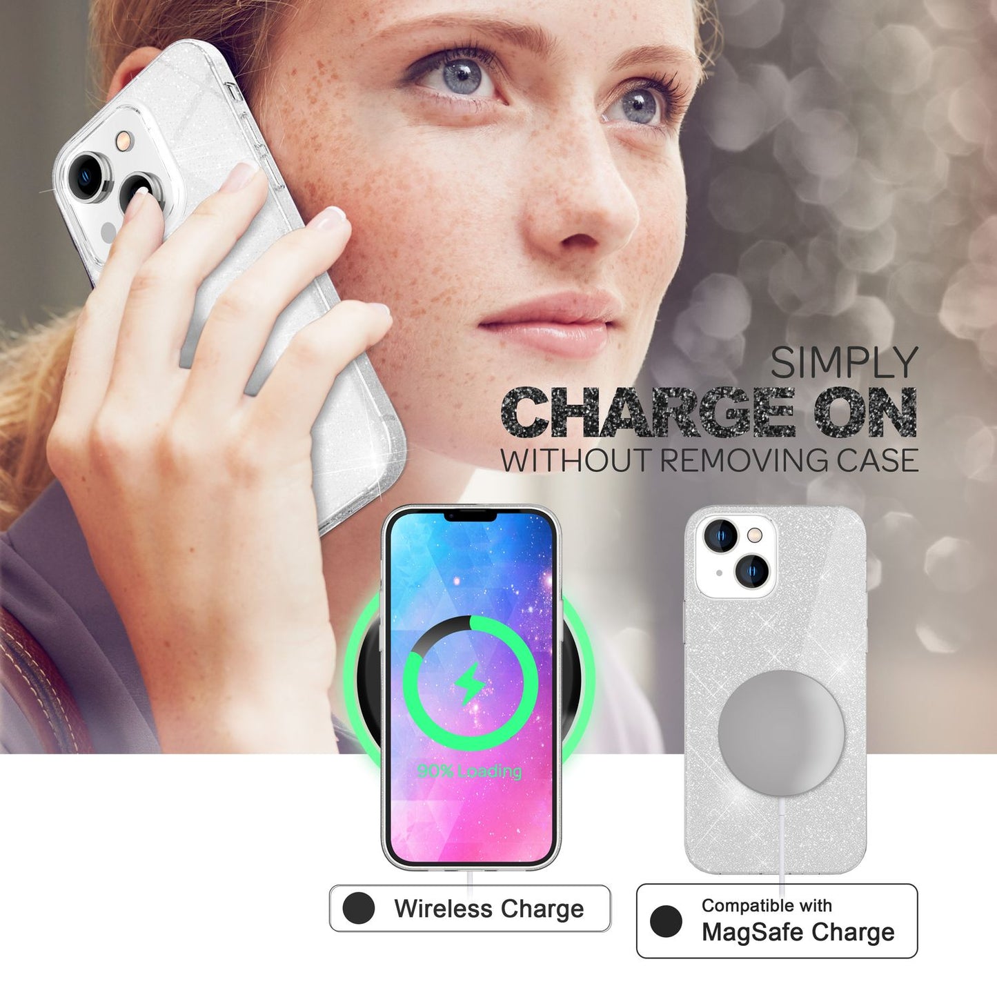 NALIA Glitzerhülle für iPhone 14 Plus – Funkelnder Glitzer-Look & Grip – SHINEPOP (Silikon Case) – Marke aus Berlin