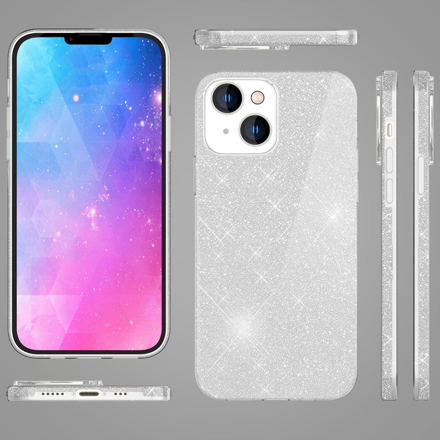 NALIA Glitzerhülle für iPhone 14 Plus – Funkelnder Glitzer-Look & Grip – SHINEPOP (Silikon Case) – Marke aus Berlin