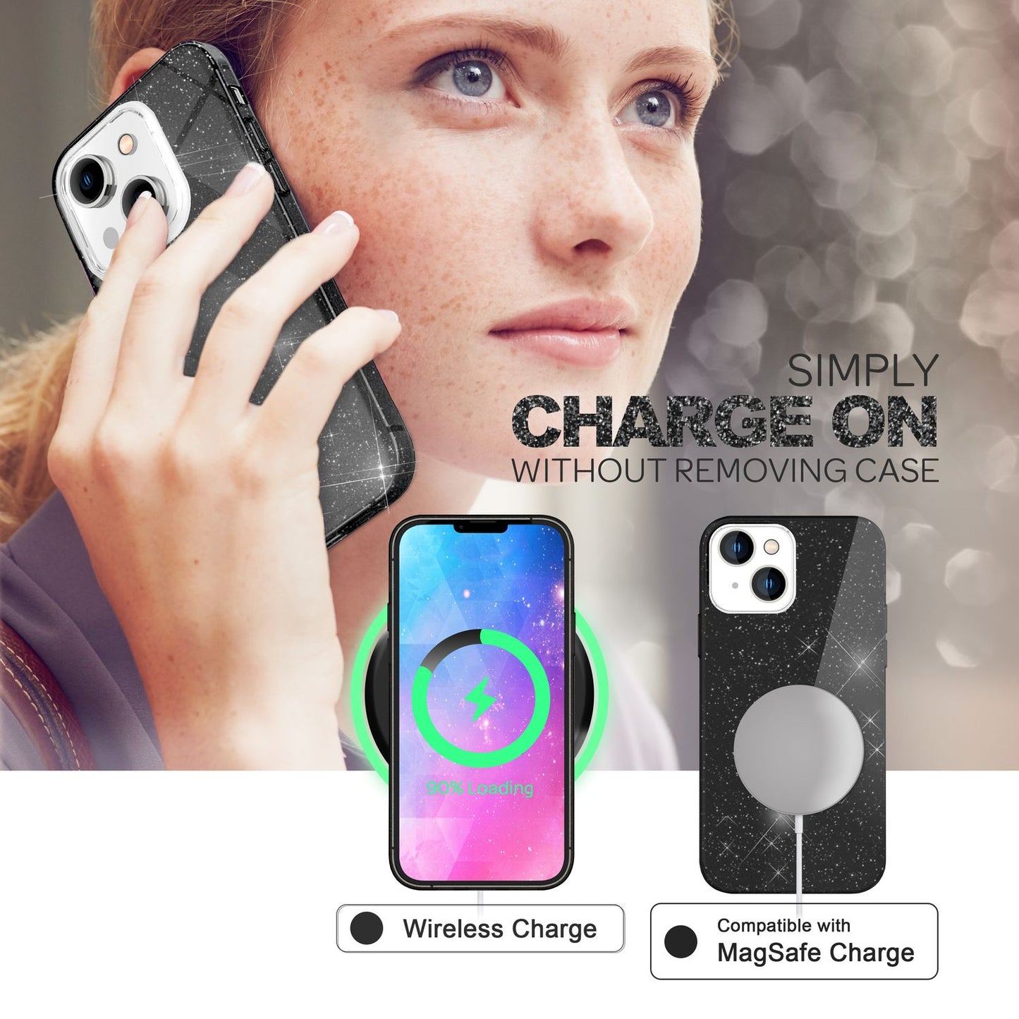 NALIA Glitzerhülle für iPhone 14 Plus – Funkelnder Glitzer-Look & Grip – SHINEPOP (Silikon Case) – Marke aus Berlin