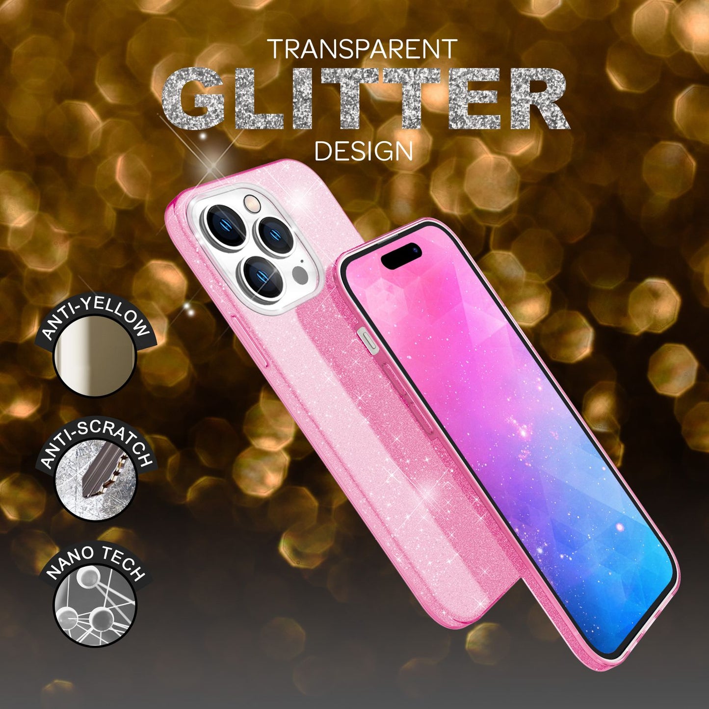 NALIA Glitzerhülle für iPhone 14 Pro – Funkelnder Glitzer-Look & Grip – SHINEPOP (Silikon Case) – Marke aus Berlin