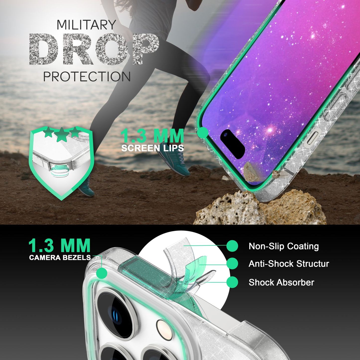 NALIA Glitzerhülle für iPhone 14 Pro – Funkelnder Glitzer-Look & Grip – SHINEPOP (Silikon Case) – Marke aus Berlin