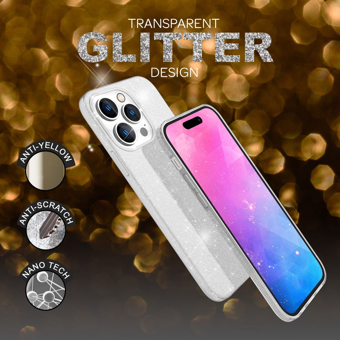 NALIA Glitzerhülle für iPhone 14 Pro – Funkelnder Glitzer-Look & Grip – SHINEPOP (Silikon Case) – Marke aus Berlin