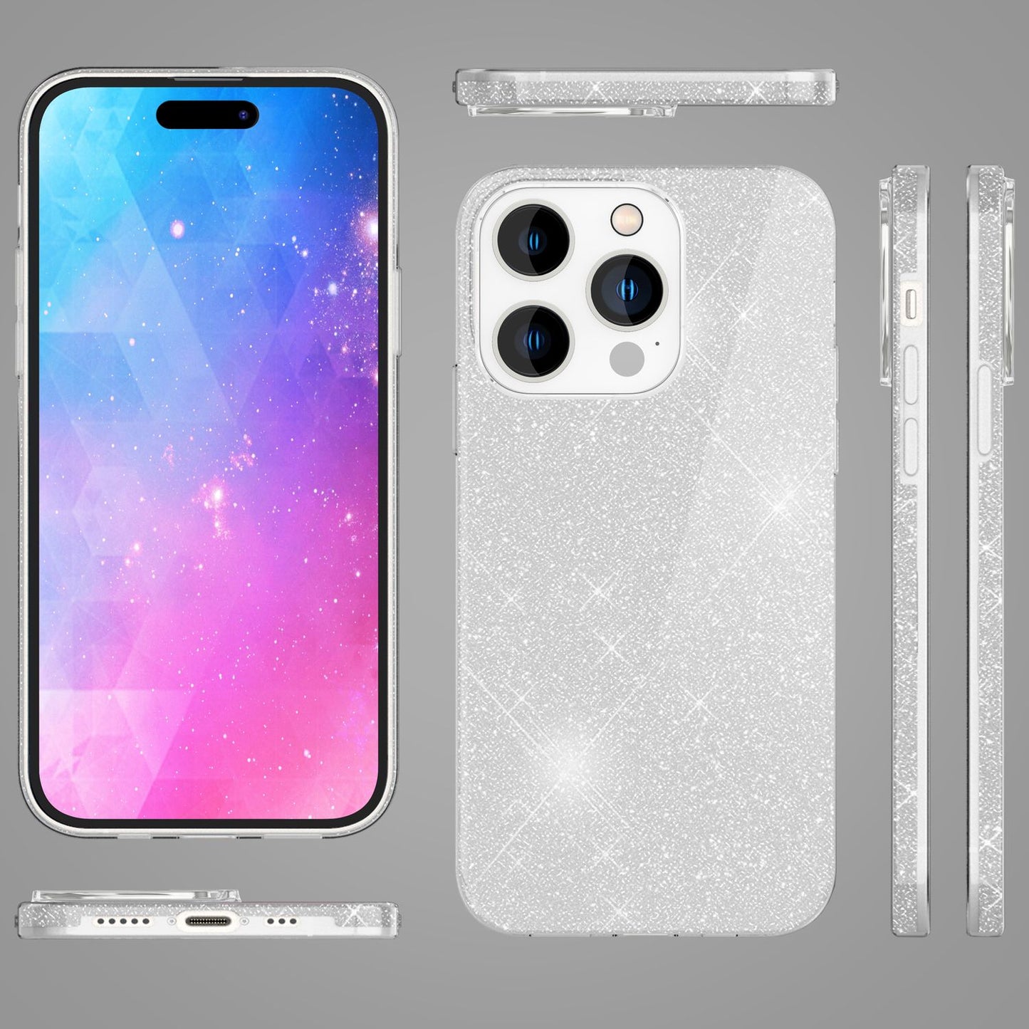 NALIA Glitzerhülle für iPhone 14 Pro – Funkelnder Glitzer-Look & Grip – SHINEPOP (Silikon Case) – Marke aus Berlin