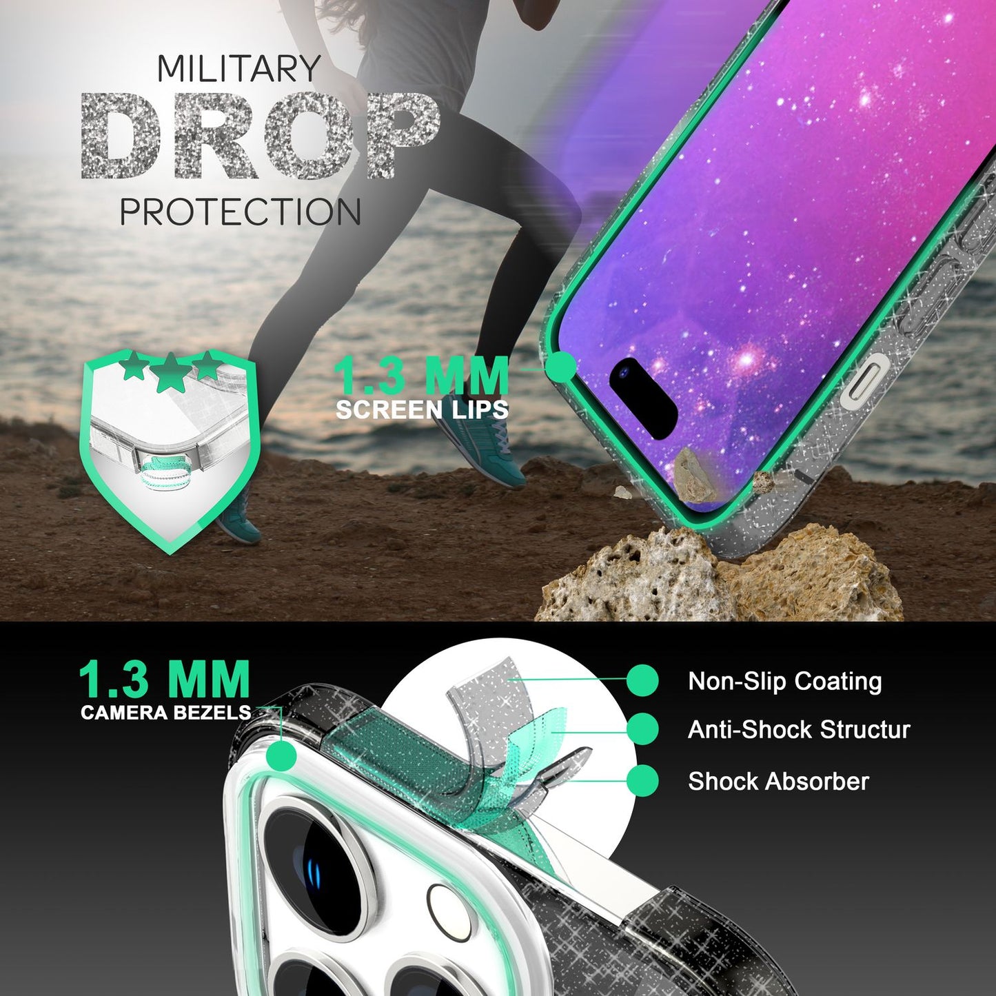 NALIA Glitzerhülle für iPhone 14 Pro – Funkelnder Glitzer-Look & Grip – SHINEPOP (Silikon Case) – Marke aus Berlin