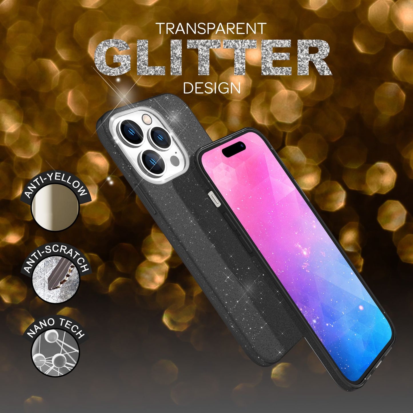 NALIA Glitzerhülle für iPhone 14 Pro – Funkelnder Glitzer-Look & Grip – SHINEPOP (Silikon Case) – Marke aus Berlin