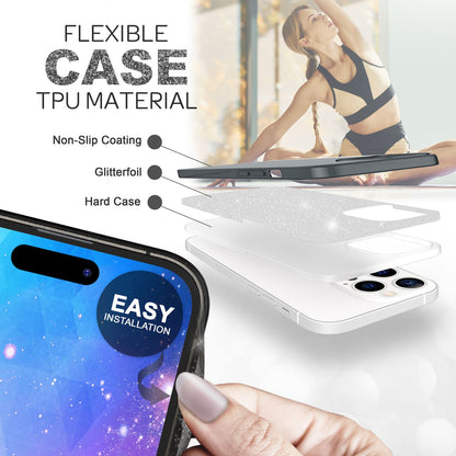 NALIA Glitzerhülle für iPhone 14 Pro – Funkelnder Glitzer-Look & Grip – SHINEPOP (Silikon Case) – Marke aus Berlin