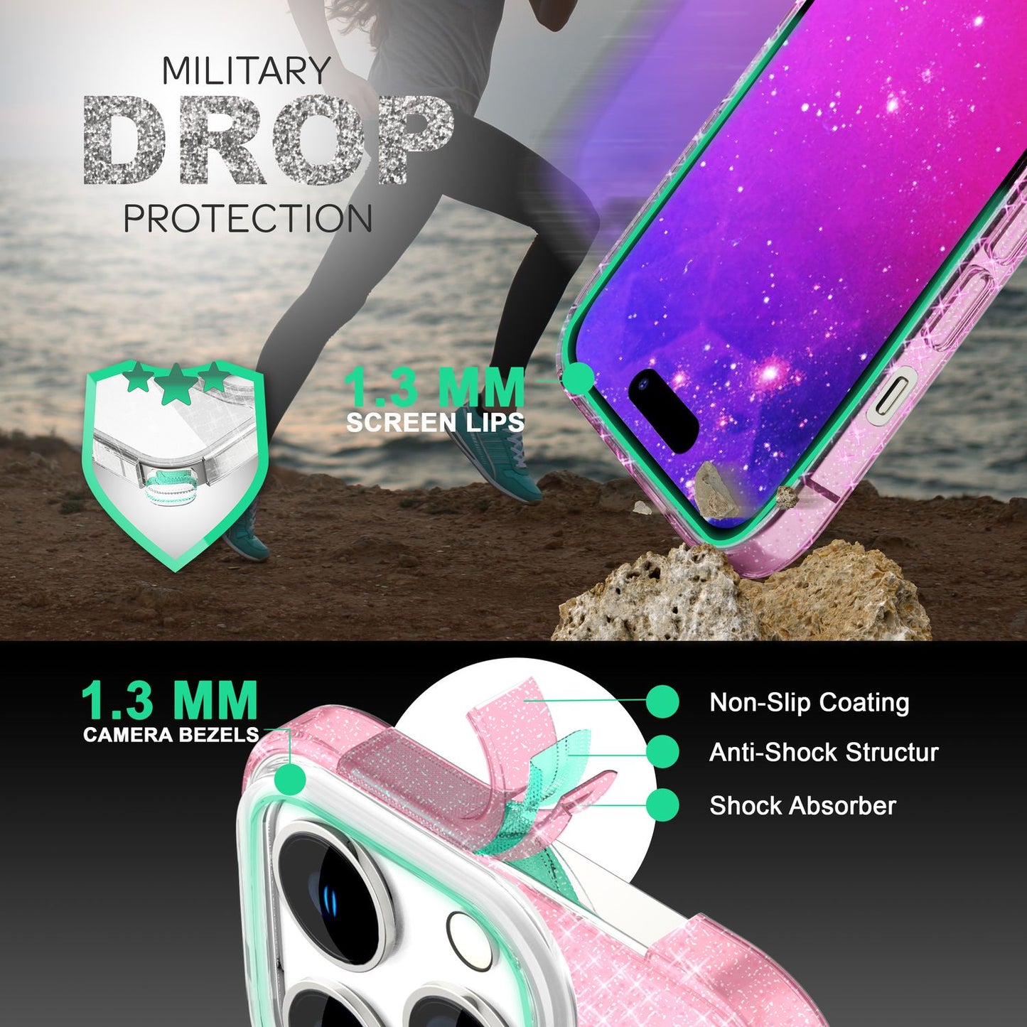 NALIA Glitzerhülle für iPhone 14 Pro Max – Funkelnder Glitzer-Look & Grip – SHINEPOP (Silikon Case) – Marke aus Berlin