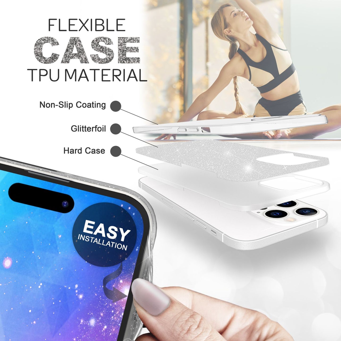NALIA Glitzerhülle für iPhone 14 Pro Max – Funkelnder Glitzer-Look & Grip – SHINEPOP (Silikon Case) – Marke aus Berlin