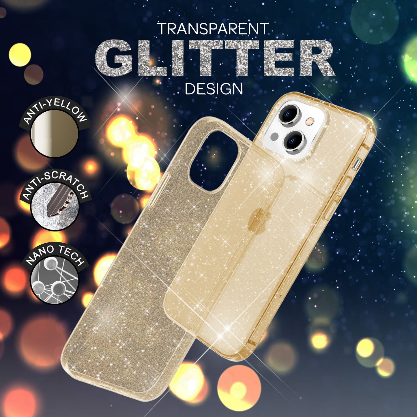 NALIA Glitzerhülle für iPhone 14 – Funkelndes Silikon Case – DAZZLIN (Transparent & Stoßfest) – Marke aus Berlin