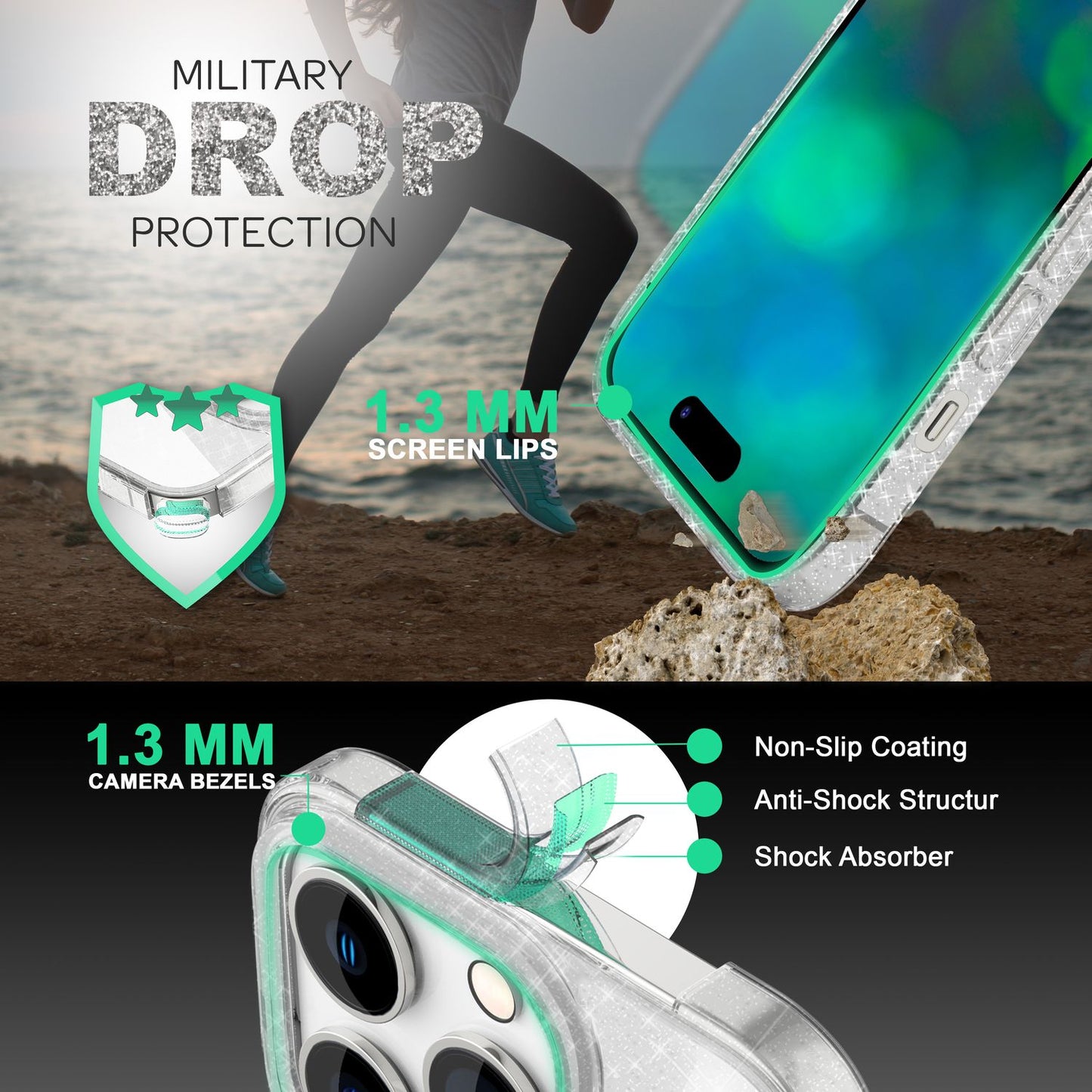 NALIA Glitzerhülle für iPhone 14 Pro Max – Funkelndes Silikon Case – DAZZLIN (Transparent & Stoßfest) – Marke aus Berlin