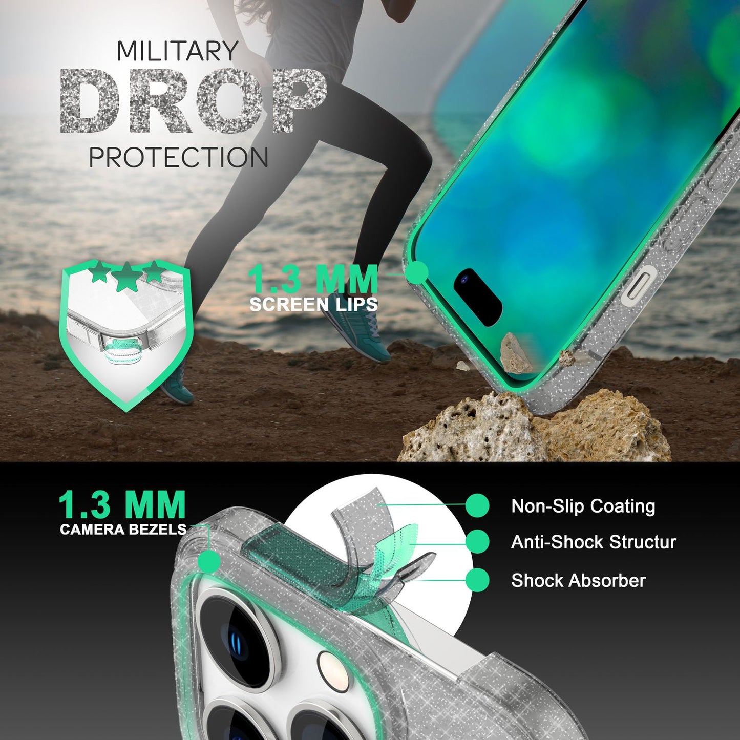 NALIA Glitzerhülle für iPhone 14 Pro Max – Funkelndes Silikon Case – DAZZLIN (Transparent & Stoßfest) – Marke aus Berlin