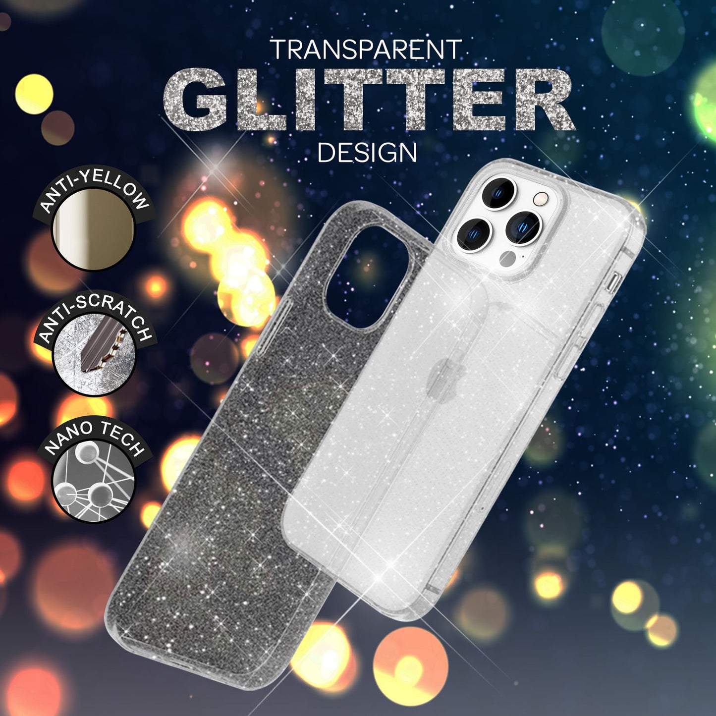 NALIA Glitzerhülle für iPhone 14 Pro Max – Funkelndes Silikon Case – DAZZLIN (Transparent & Stoßfest) – Marke aus Berlin