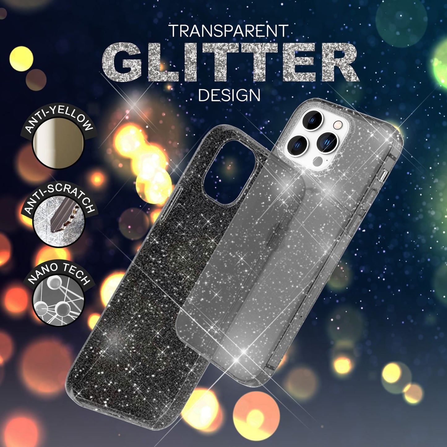NALIA Glitzerhülle für iPhone 14 Pro Max – Funkelndes Silikon Case – DAZZLIN (Transparent & Stoßfest) – Marke aus Berlin