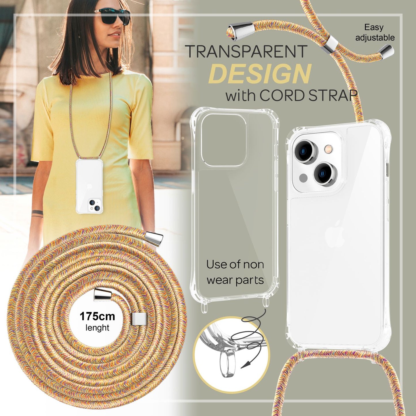 NALIA Handykette für iPhone 14 – Transparentes Hybrid-Case & Band – HANGIT PRO (Anti-Gelb Rückseite & Verstellbar) – Marke aus Berlin