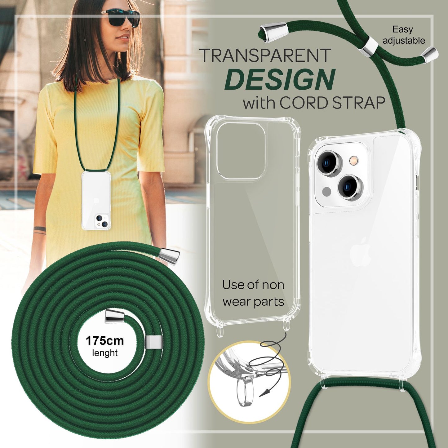 NALIA Handykette für iPhone 14 – Transparentes Hybrid-Case & Band – HANGIT PRO (Anti-Gelb Rückseite & Verstellbar) – Marke aus Berlin