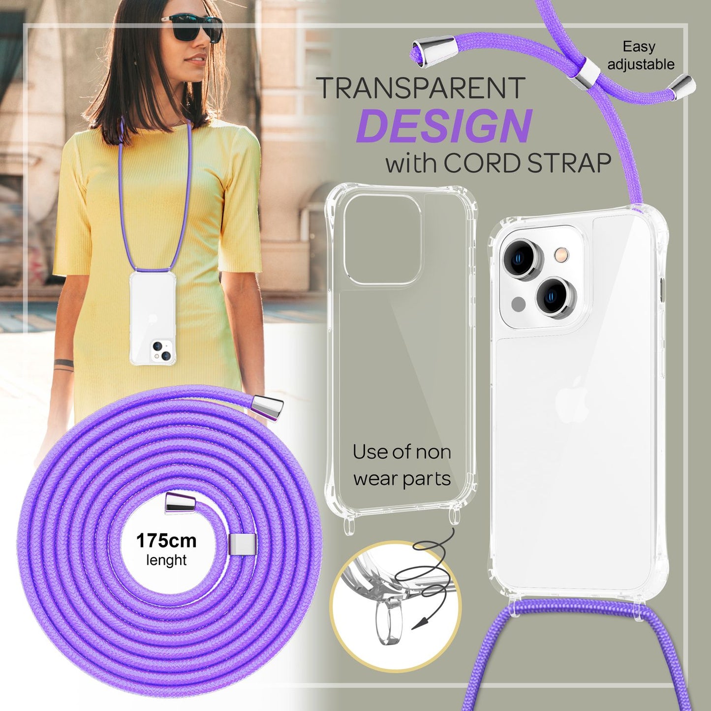 NALIA Handykette für iPhone 14 – Transparentes Hybrid-Case & Band – HANGIT PRO (Anti-Gelb Rückseite & Verstellbar) – Marke aus Berlin