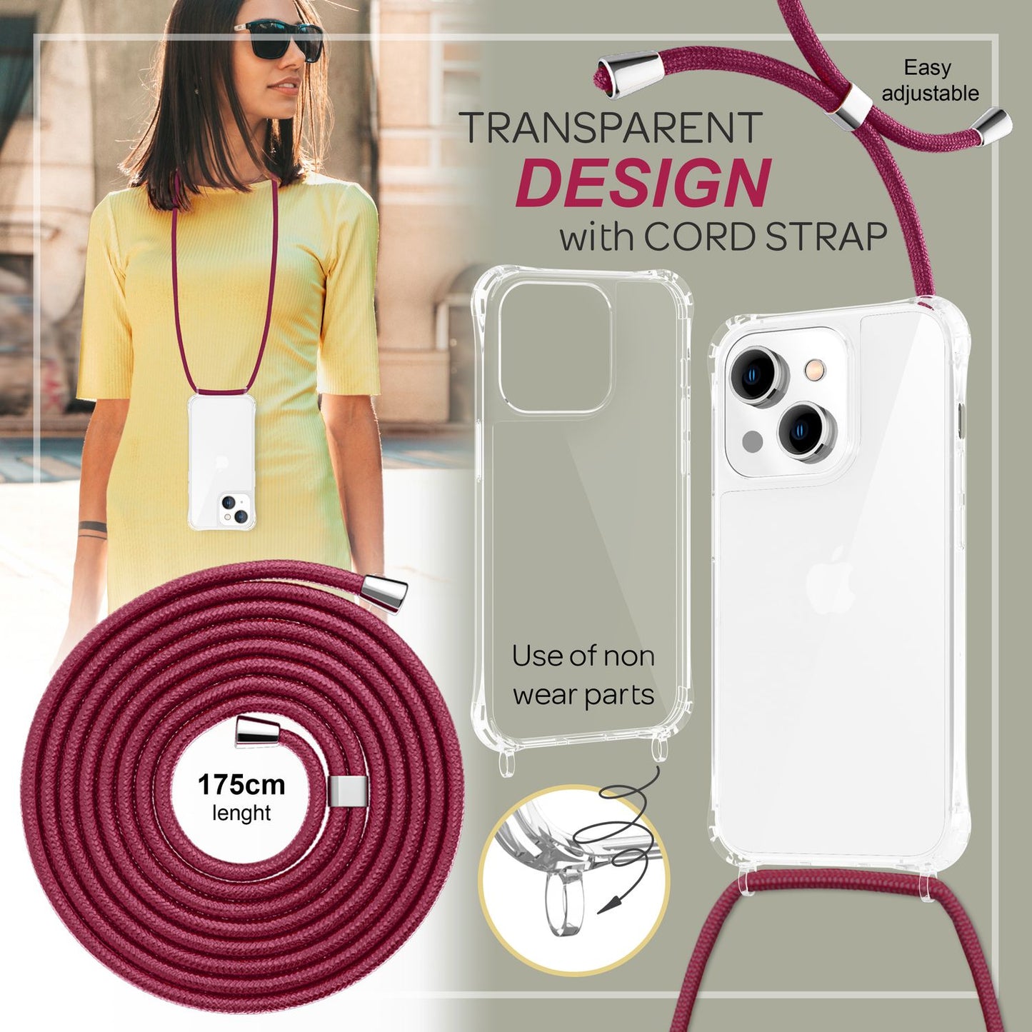 NALIA Handykette für iPhone 14 – Transparentes Hybrid-Case & Band – HANGIT PRO (Anti-Gelb Rückseite & Verstellbar) – Marke aus Berlin