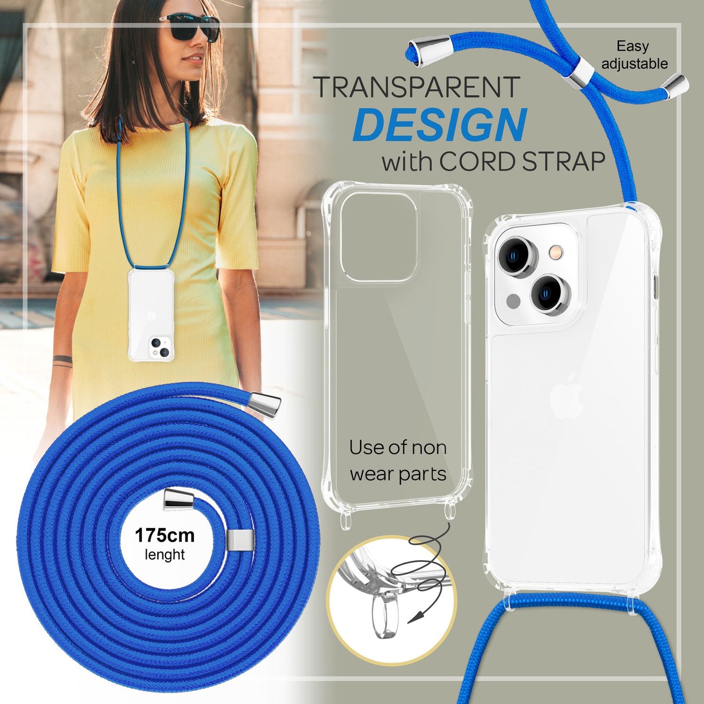 NALIA Handykette für iPhone 14 Plus – Transparentes Hybrid-Case & Band – HANGIT PRO (Anti-Gelb Rückseite & Verstellbar) – Marke aus Berlin
