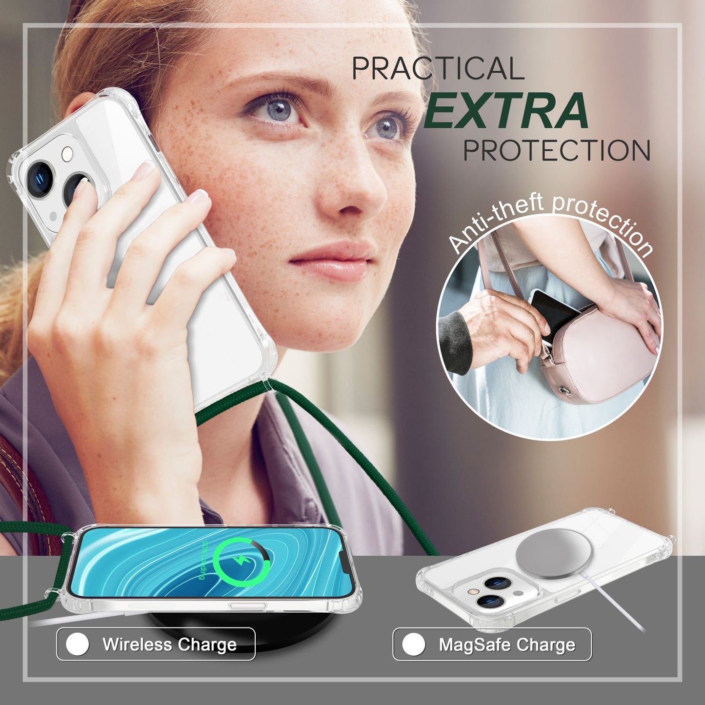 NALIA Handykette für iPhone 14 Plus – Transparentes Hybrid-Case & Band – HANGIT PRO (Anti-Gelb Rückseite & Verstellbar) – Marke aus Berlin