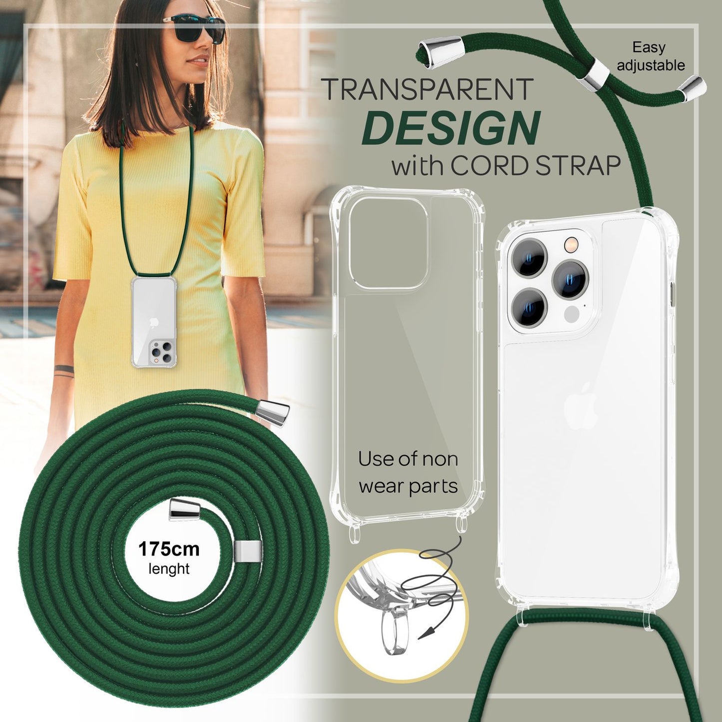 NALIA Handykette für iPhone 14 Pro – Transparentes Hybrid-Case & Band – HANGIT PRO (Anti-Gelb Rückseite & Verstellbar) – Marke aus Berlin