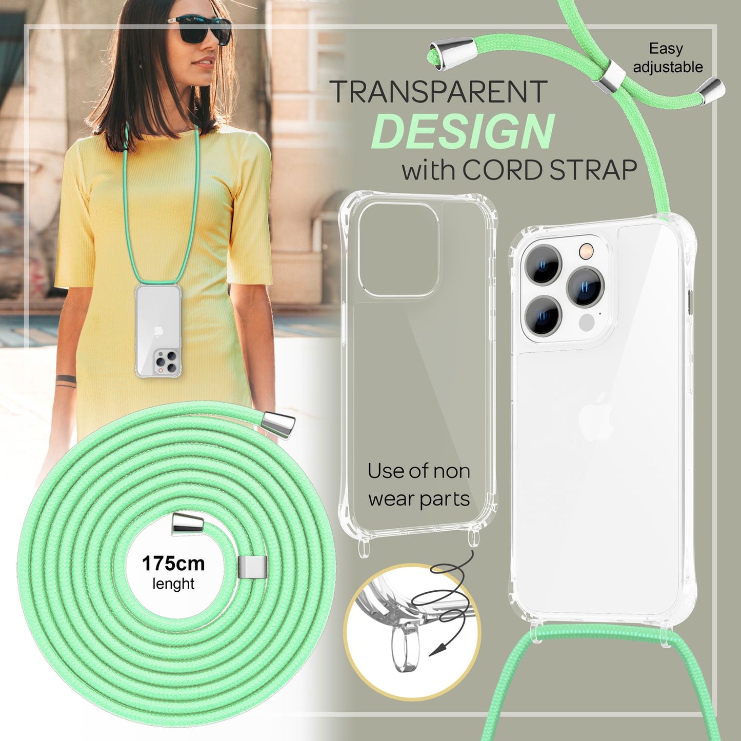 NALIA Handykette für iPhone 14 Pro – Transparentes Hybrid-Case & Band – HANGIT PRO (Anti-Gelb Rückseite & Verstellbar) – Marke aus Berlin
