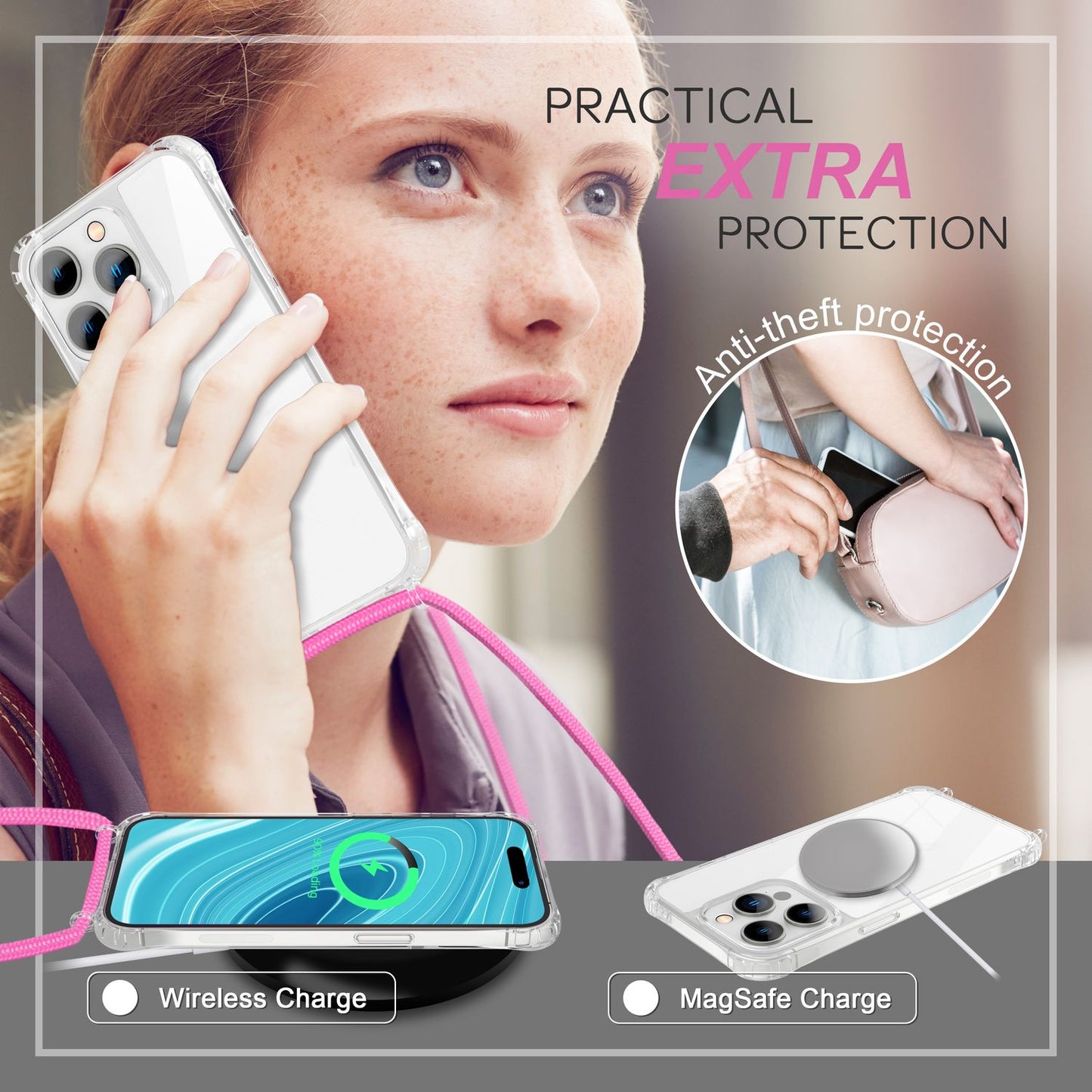NALIA Handykette für iPhone 14 Pro – Transparentes Hybrid-Case & Band – HANGIT PRO (Anti-Gelb Rückseite & Verstellbar) – Marke aus Berlin