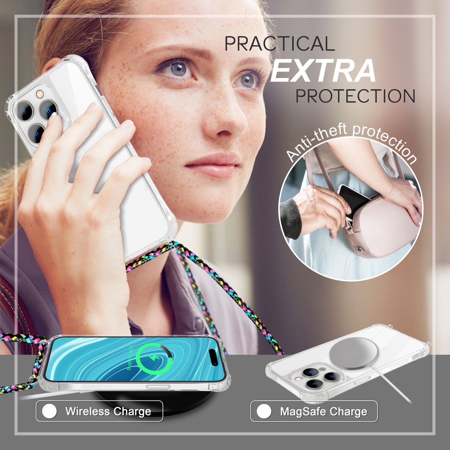 NALIA Handykette für iPhone 14 Pro – Transparentes Hybrid-Case & Band – HANGIT PRO (Anti-Gelb Rückseite & Verstellbar) – Marke aus Berlin