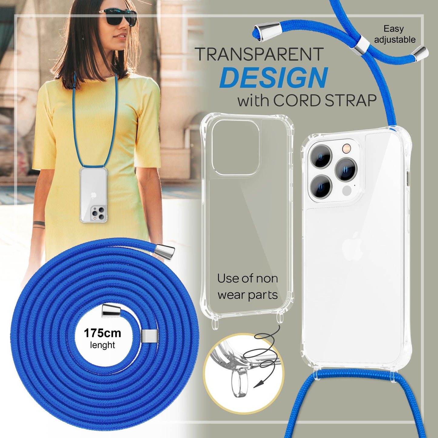 NALIA Handykette für iPhone 14 Pro Max – Transparentes Hybrid-Case & Band – HANGIT PRO (Anti-Gelb Rückseite & Verstellbar) – Marke aus Berlin