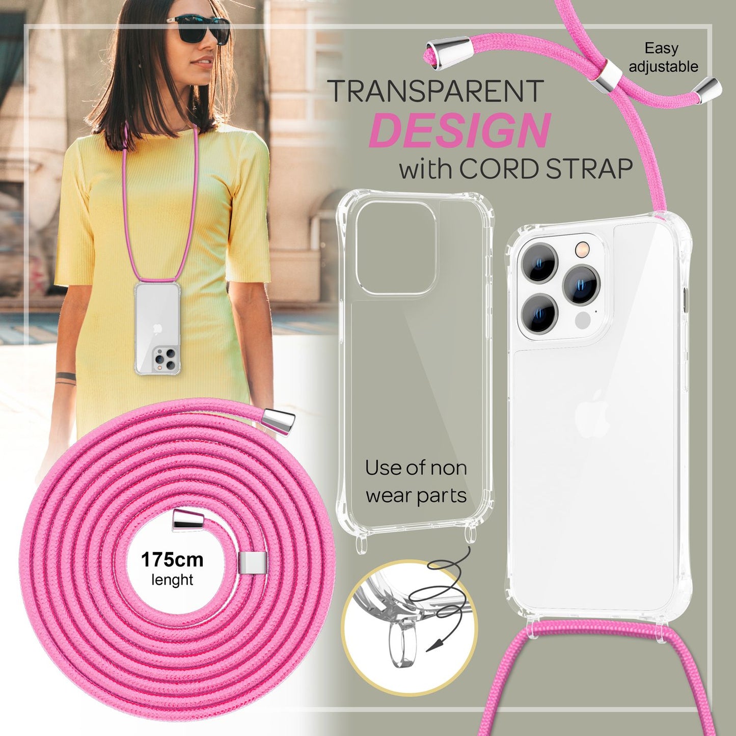 NALIA Handykette für iPhone 14 Pro Max – Transparentes Hybrid-Case & Band – HANGIT PRO (Anti-Gelb Rückseite & Verstellbar) – Marke aus Berlin