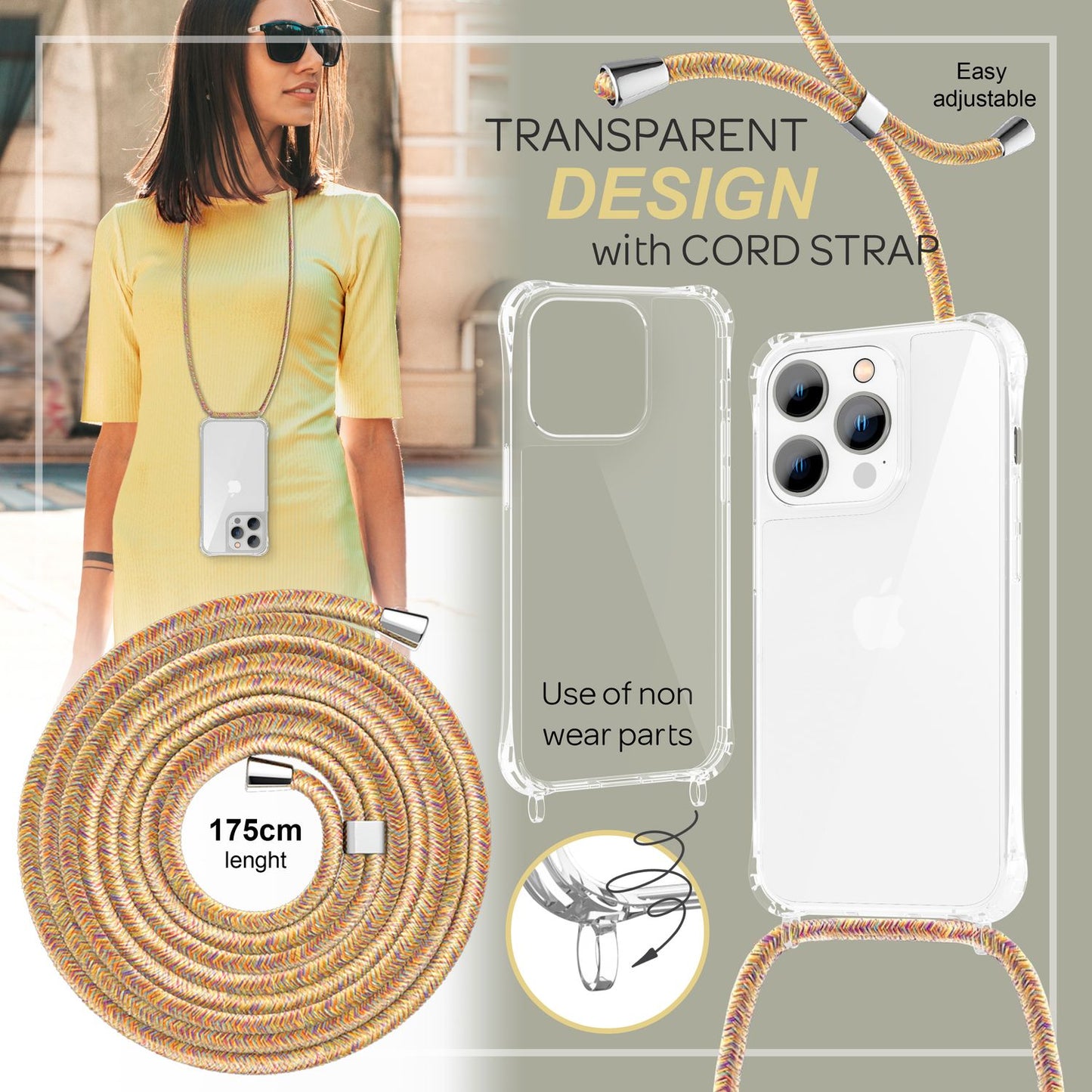 NALIA Handykette für iPhone 14 Pro Max – Transparentes Hybrid-Case & Band – HANGIT PRO (Anti-Gelb Rückseite & Verstellbar) – Marke aus Berlin