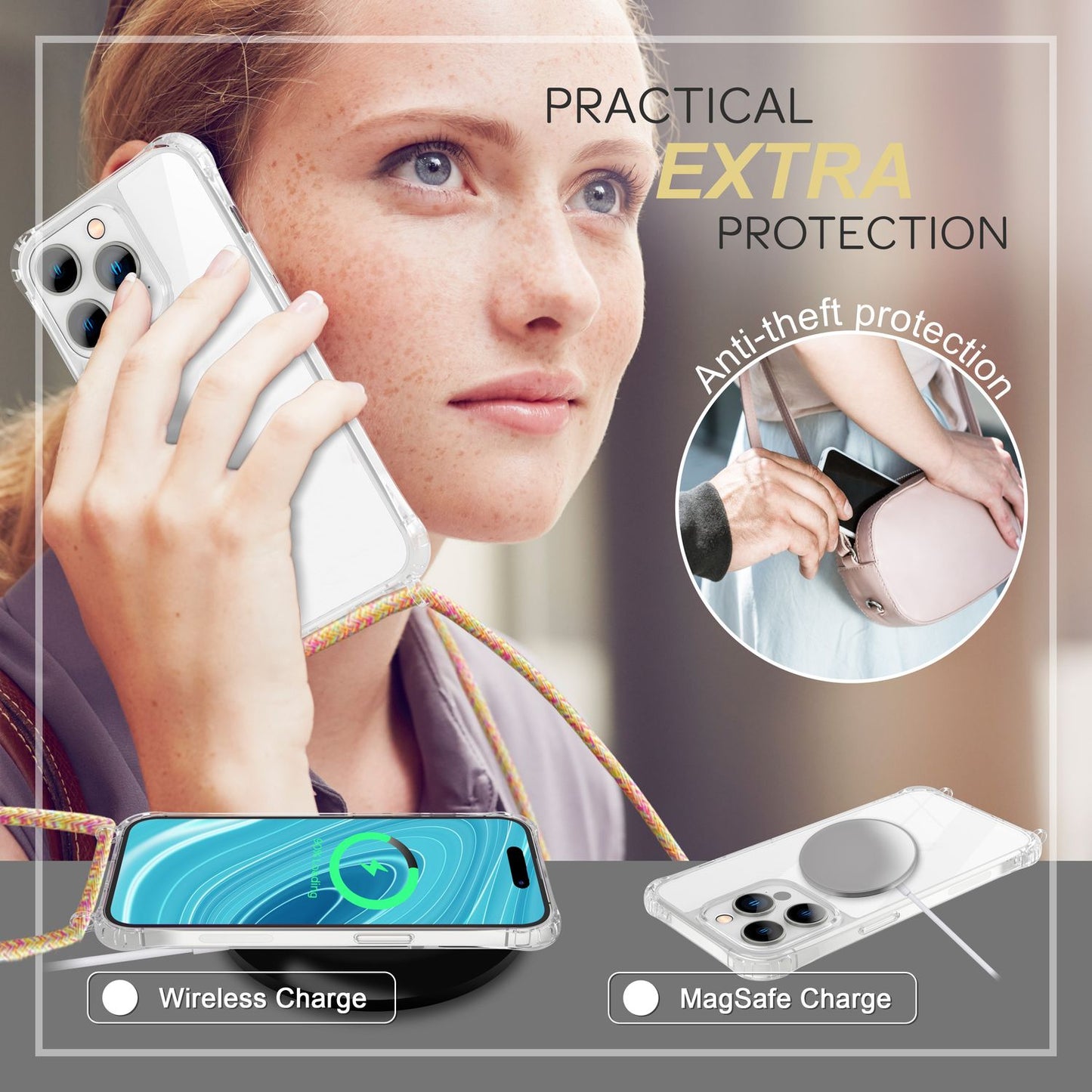 NALIA Handykette für iPhone 14 Pro Max – Transparentes Hybrid-Case & Band – HANGIT PRO (Anti-Gelb Rückseite & Verstellbar) – Marke aus Berlin