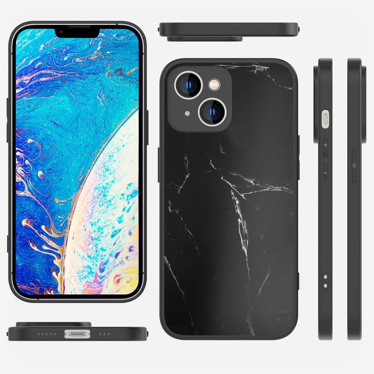 NALIA Marmor Glas Case für iPhone 14 – Robustes 9H Echtglas – MARBELLE (Silikon Bumper & Grip) – Marke aus Berlin