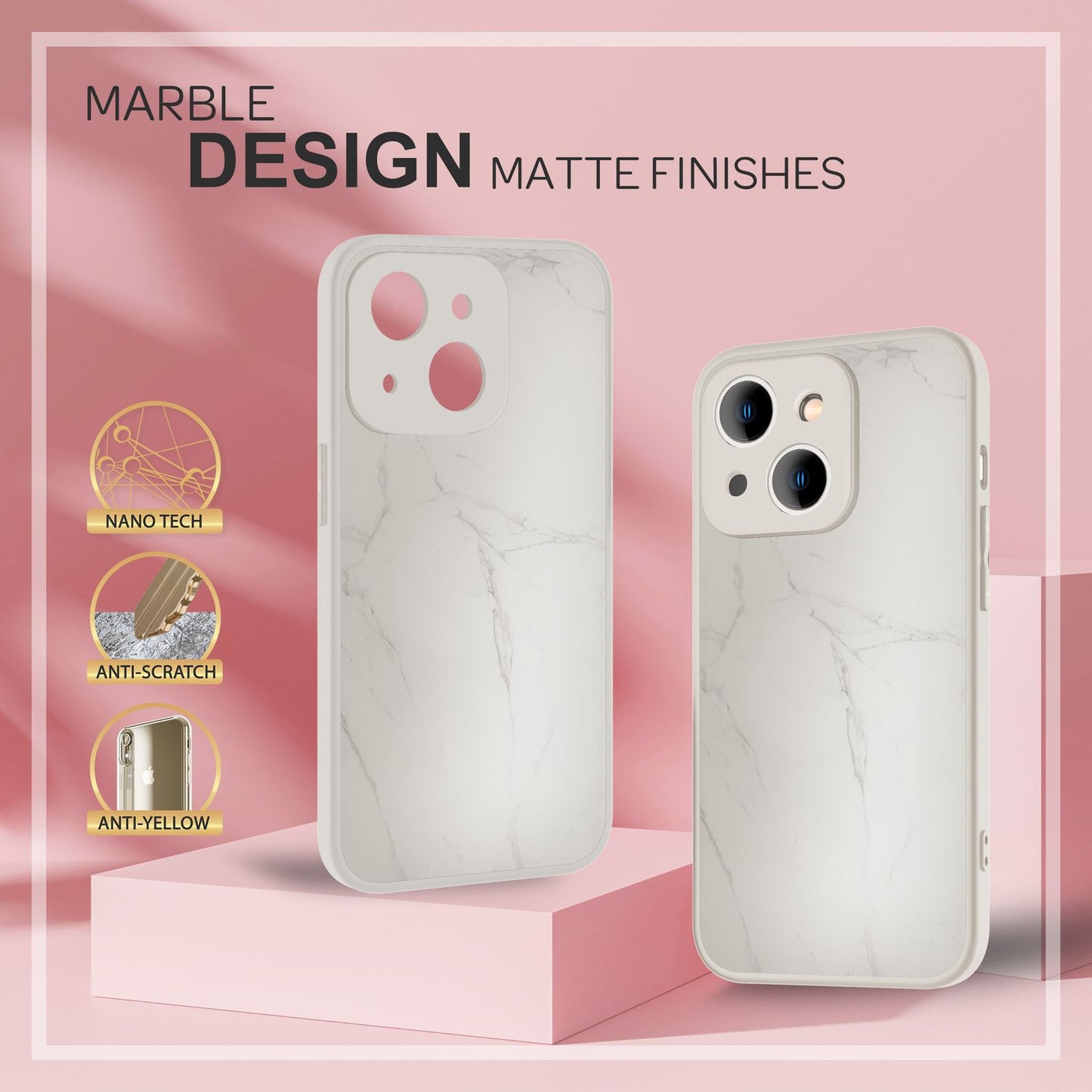 NALIA Marmor Glas Case für iPhone 14 – Robustes 9H Echtglas – MARBELLE (Silikon Bumper & Grip) – Marke aus Berlin