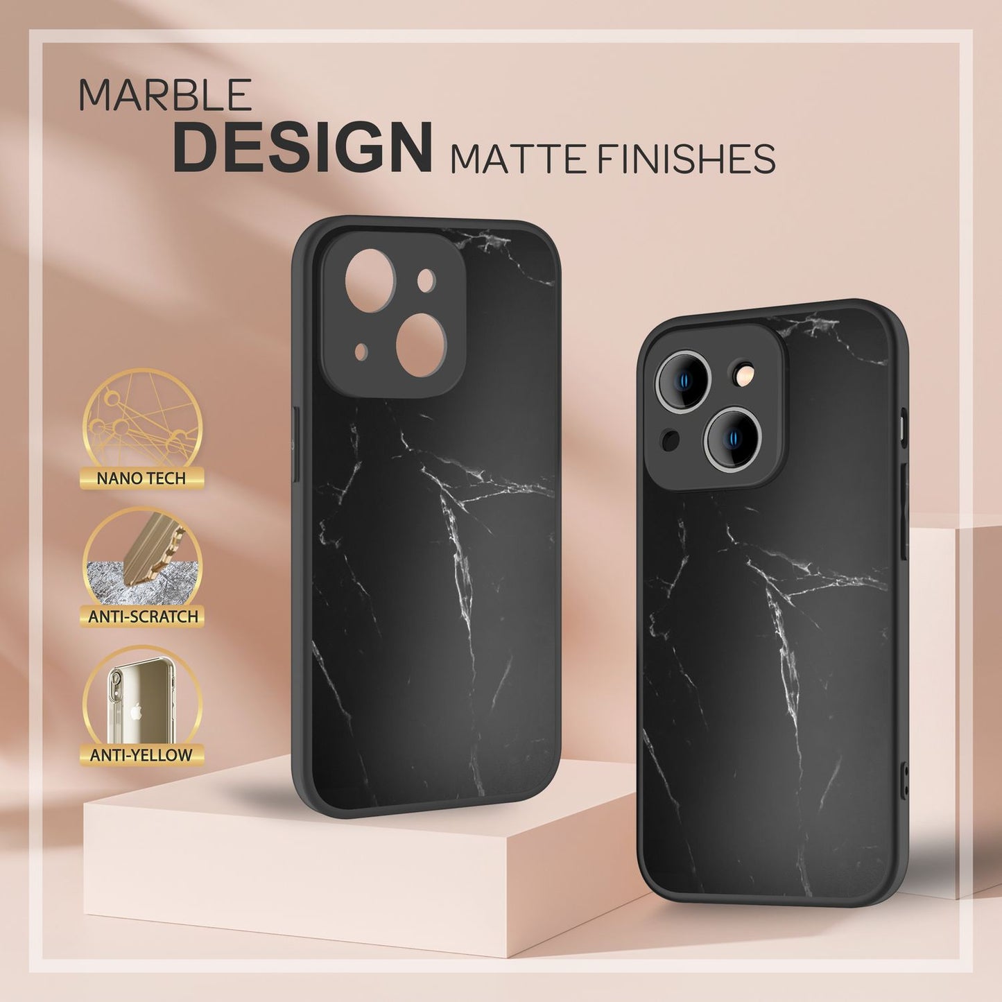 NALIA Marmor Glas Case für iPhone 14 Plus – Robustes 9H Echtglas – MARBELLE (Silikon Bumper & Grip) – Marke aus Berlin