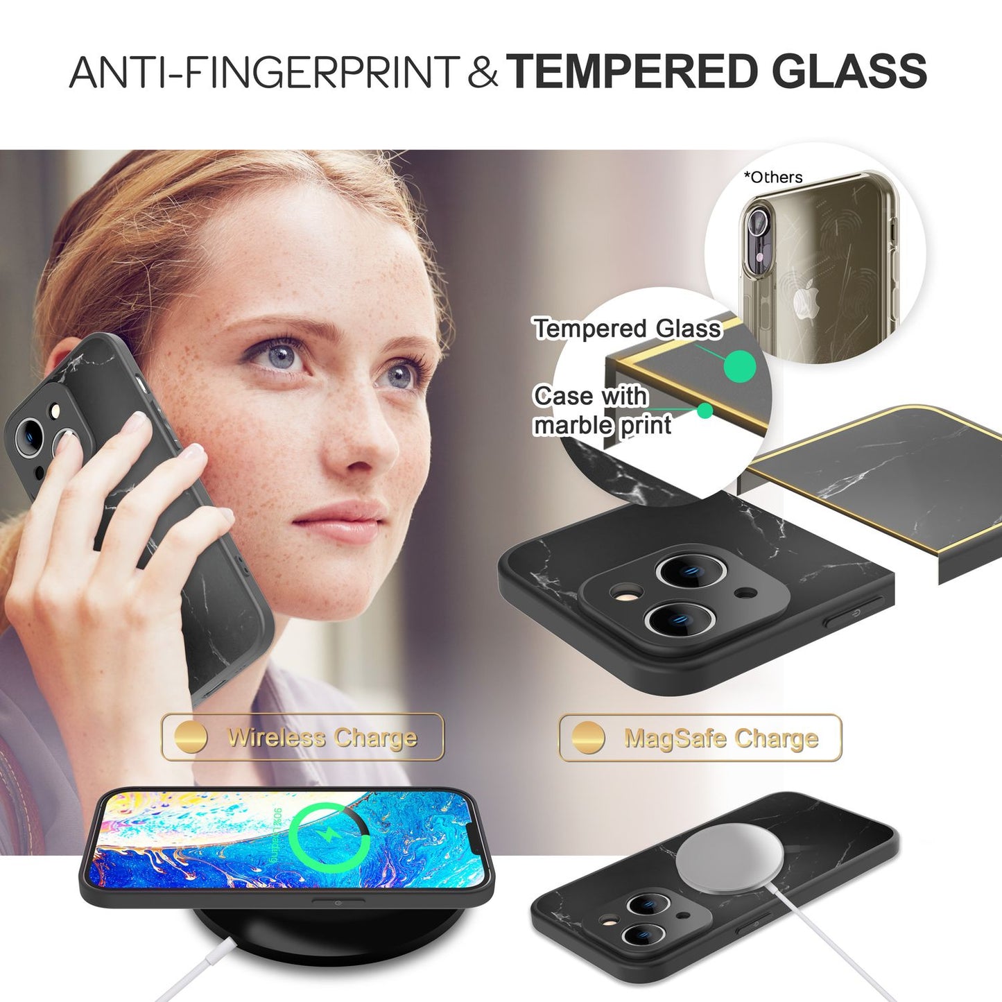 NALIA Marmor Glas Case für iPhone 14 Plus – Robustes 9H Echtglas – MARBELLE (Silikon Bumper & Grip) – Marke aus Berlin