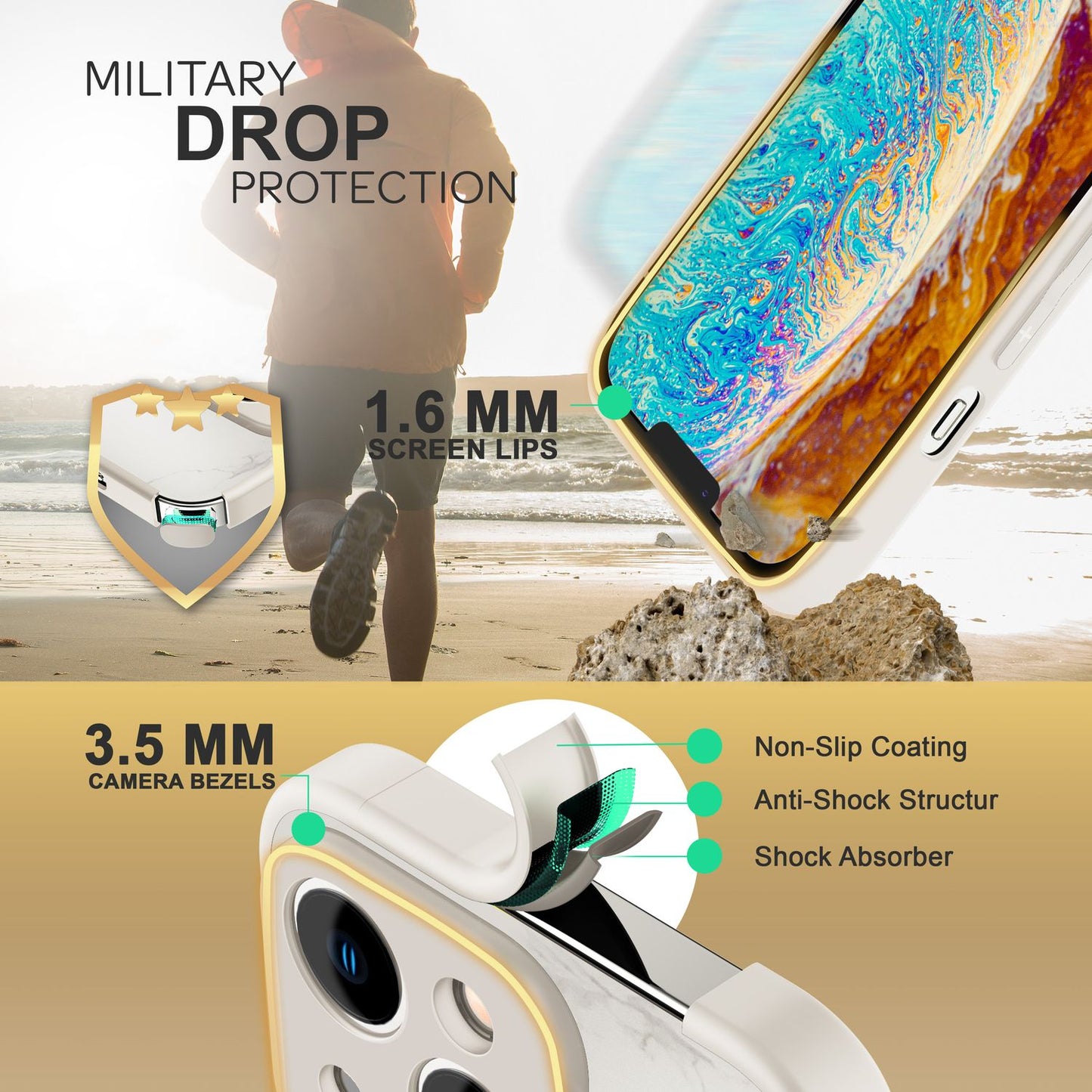 NALIA Marmor Glas Case für iPhone 14 Plus – Robustes 9H Echtglas – MARBELLE (Silikon Bumper & Grip) – Marke aus Berlin