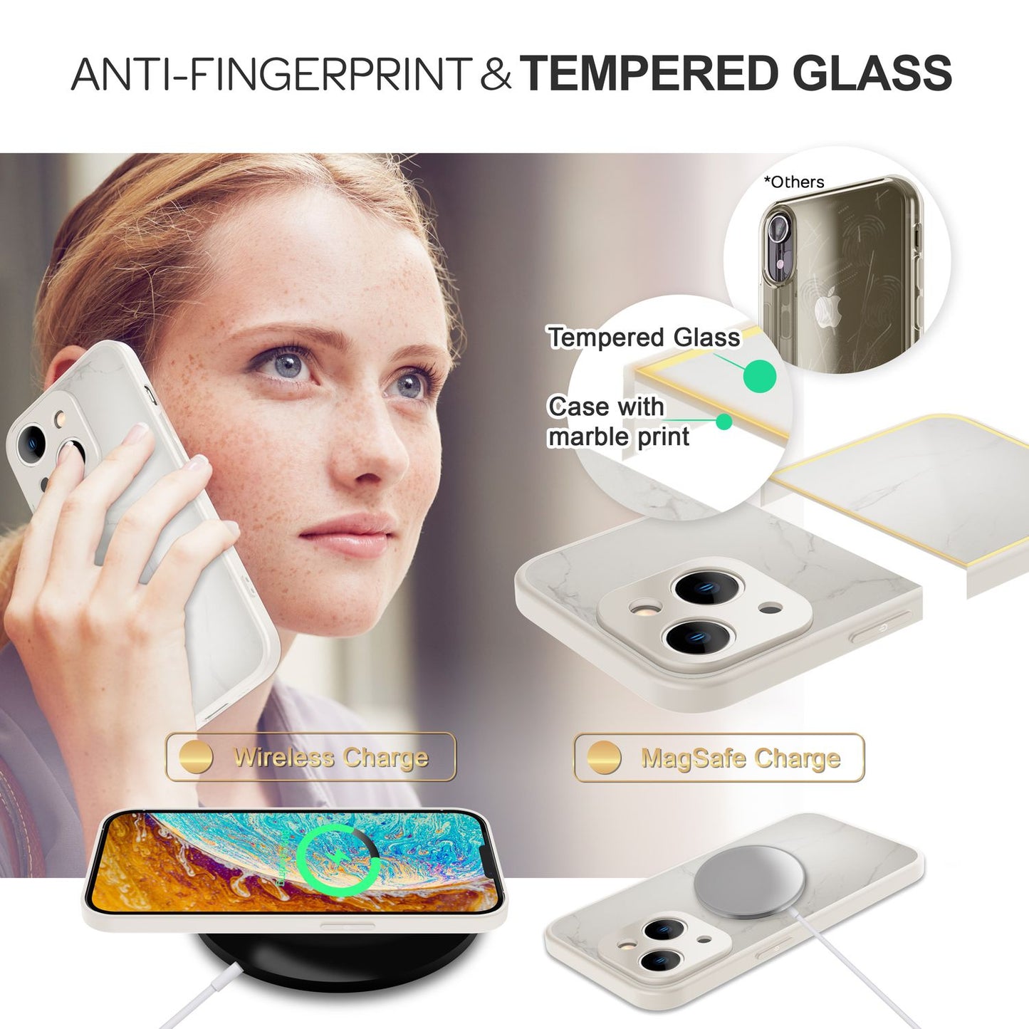 NALIA Marmor Glas Case für iPhone 14 Plus – Robustes 9H Echtglas – MARBELLE (Silikon Bumper & Grip) – Marke aus Berlin