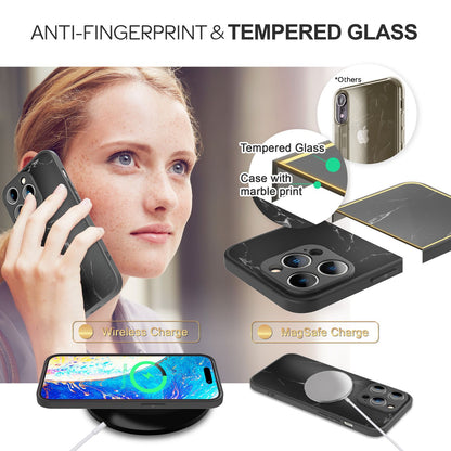 NALIA Marmor Glas Case für iPhone 14 Pro – Robustes 9H Echtglas – MARBELLE (Silikon Bumper & Grip) – Marke aus Berlin