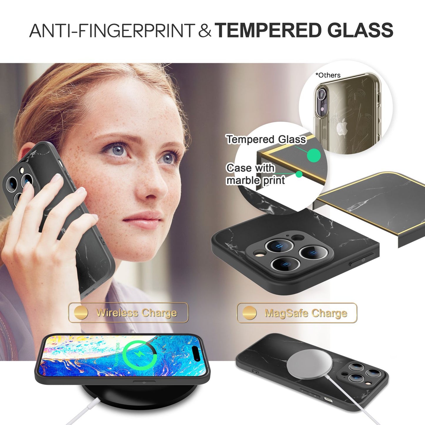 NALIA Marmor Glas Case für iPhone 14 Pro Max – Robustes 9H Echtglas – MARBELLE (Silikon Bumper & Grip) – Marke aus Berlin