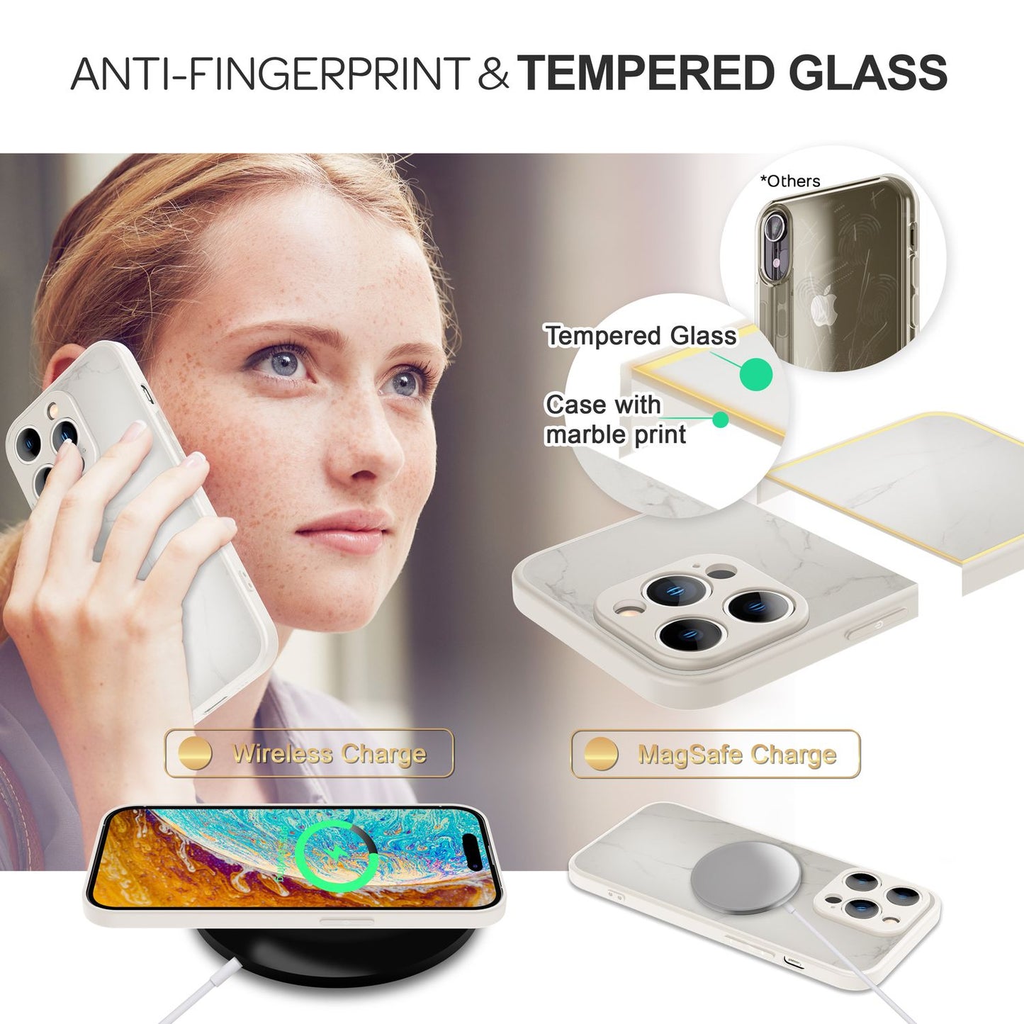 NALIA Marmor Glas Case für iPhone 14 Pro Max – Robustes 9H Echtglas – MARBELLE (Silikon Bumper & Grip) – Marke aus Berlin