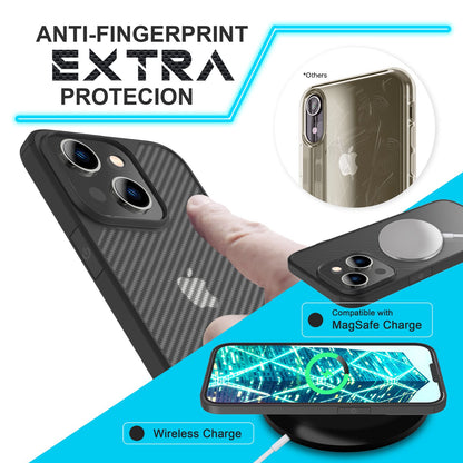 NALIA Carbon-Look Hülle für iPhone 14 – Vergilbungsfrei & Rutschfest – NOMAD (Semi-Transparent & Silikon-Rahmen) – Marke aus Berlin