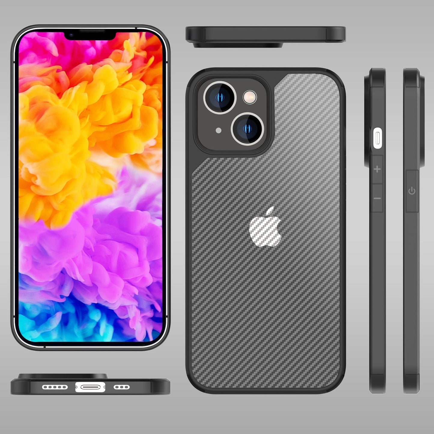NALIA Carbon-Look Hülle für iPhone 14 – Vergilbungsfrei & Rutschfest – NOMAD (Semi-Transparent & Silikon-Rahmen) – Marke aus Berlin