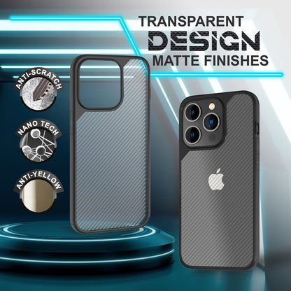 NALIA Carbon-Look Hülle für iPhone 14 Pro – Vergilbungsfrei & Rutschfest – NOMAD (Semi-Transparent & Silikon-Rahmen) – Marke aus Berlin
