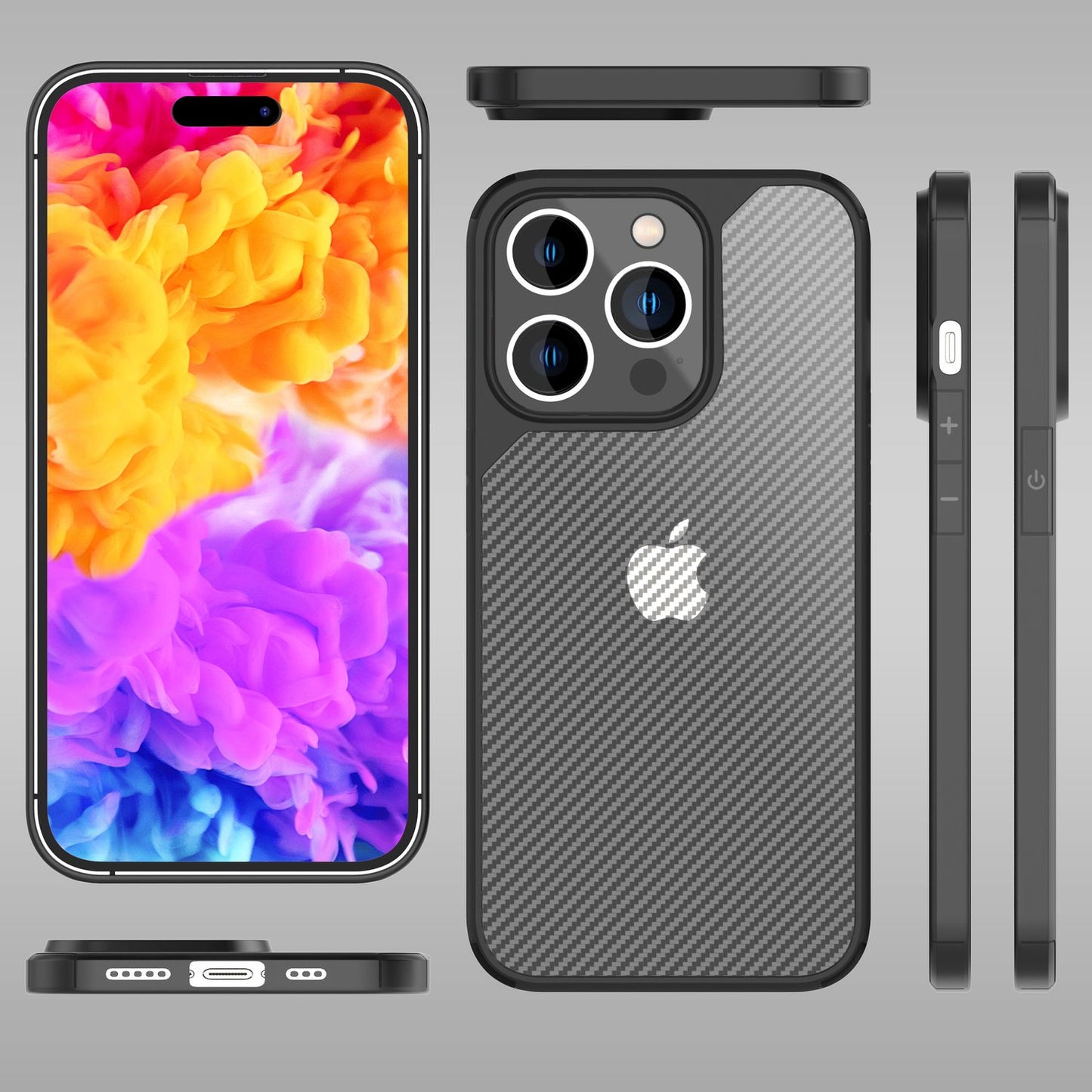 NALIA Carbon-Look Hülle für iPhone 14 Pro – Vergilbungsfrei & Rutschfest – NOMAD (Semi-Transparent & Silikon-Rahmen) – Marke aus Berlin