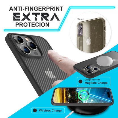 NALIA Carbon-Look Hülle für iPhone 14 Pro Max – Vergilbungsfrei & Rutschfest – NOMAD (Semi-Transparent & Silikon-Rahmen) – Marke aus Berlin