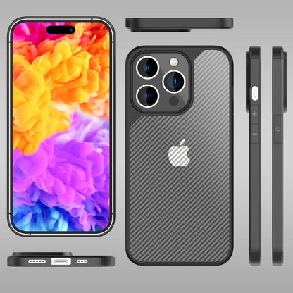 NALIA Carbon-Look Hülle für iPhone 14 Pro Max – Vergilbungsfrei & Rutschfest – NOMAD (Semi-Transparent & Silikon-Rahmen) – Marke aus Berlin