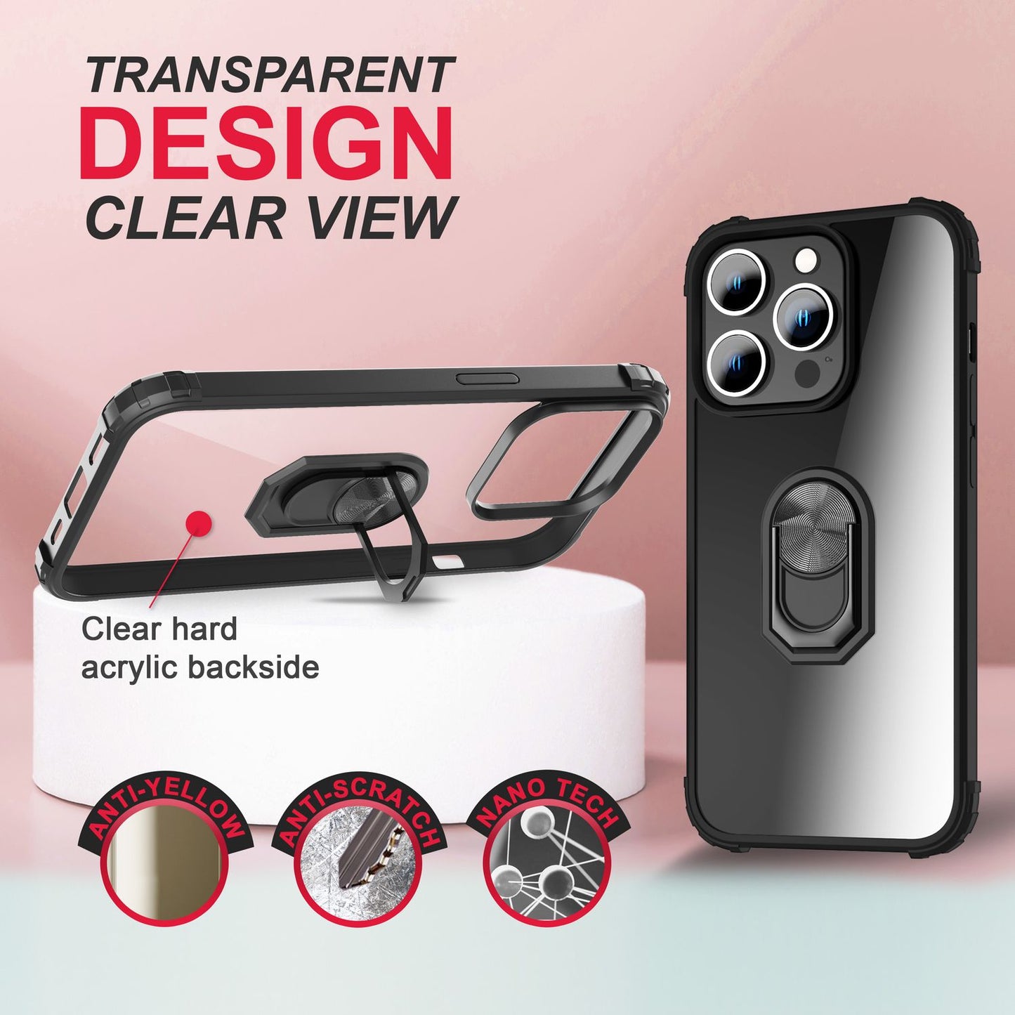 NALIA Ringhülle für iPhone 14 Pro – Für Magnethalter & 360° Stand – VAULT (Kristallklare Rückseite & Stoßfester Silikon-Rahmen) – Marke aus Berlin