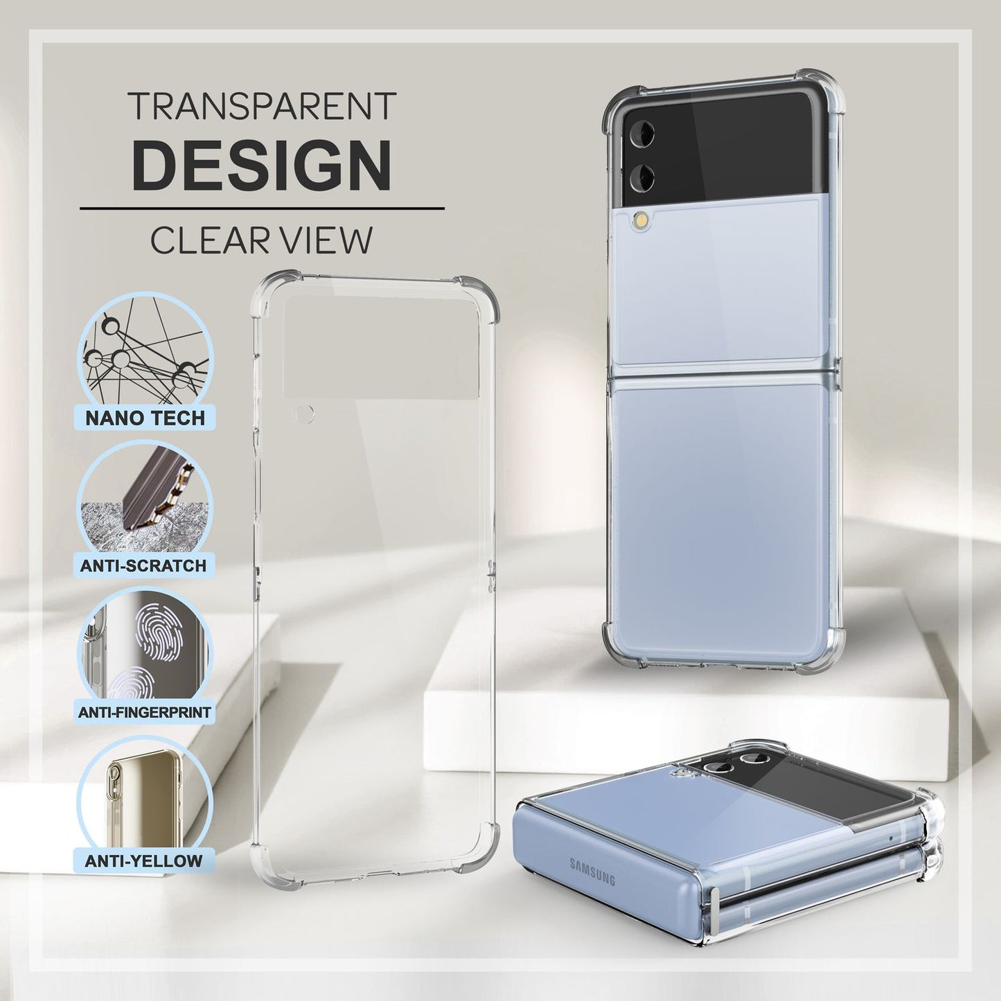 NALIA Klare Einteilige Schutzhülle kompatibel mit Samsung Galaxy Z Flip4 Hülle, Transparent Anti-Gelb Robust Aufprall-Schutz, Harte Rückseite & Verstärkter Silikon-Rahmen, Durchsichtige Handyhülle